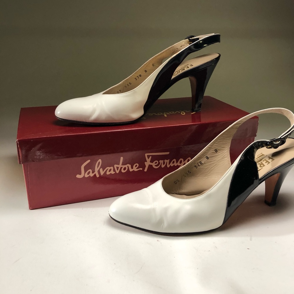 Salvatore Ferragamo Blk/wht Nizza Slingbacks 8B